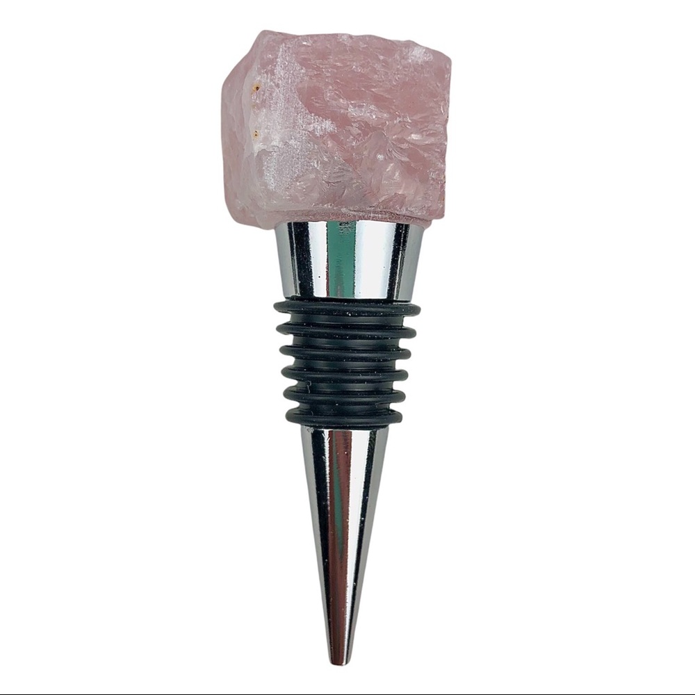 Pink Rose Quartz stone wine bottle topper silver crystal wine stopper rough cut